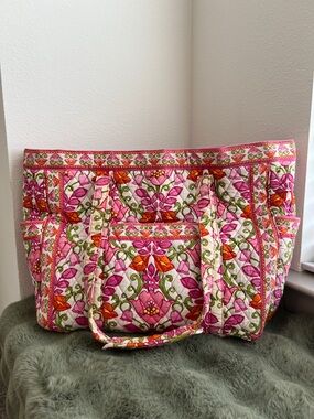 Vera Bradley Pink Floral Quilted Tote with Orange & Green Accents